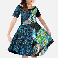 Hawaiian Couple Turtles Honi Family Matching Tank Maxi Dress and Hawaiian Shirt Polynesian Art Motifs and Hibiscus Black Blue Color LT03 Daughter's Dress Black - Polynesian Pride