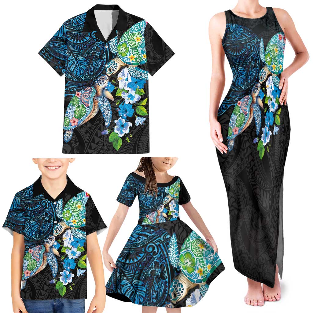 Hawaiian Couple Turtles Honi Family Matching Tank Maxi Dress and Hawaiian Shirt Polynesian Art Motifs and Hibiscus Black Blue Color LT03 - Polynesian Pride
