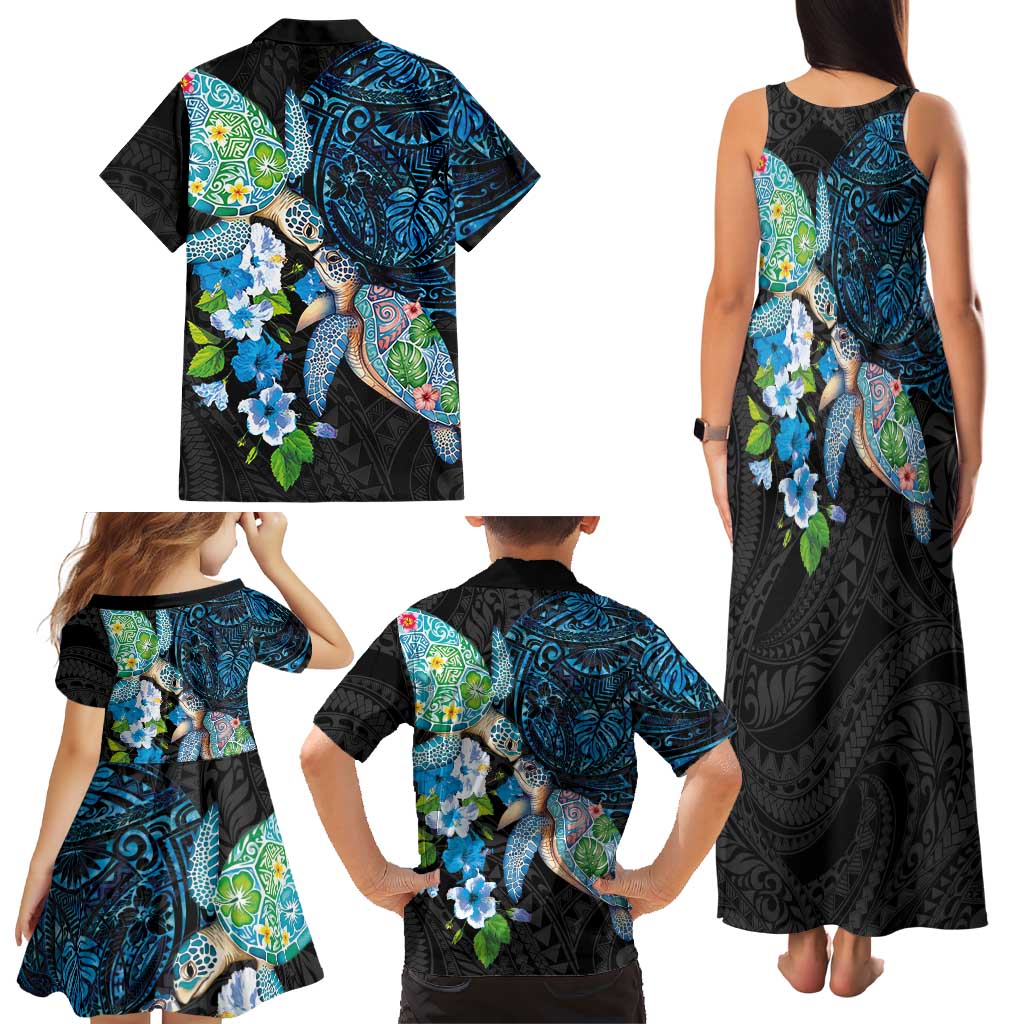 Hawaiian Couple Turtles Honi Family Matching Tank Maxi Dress and Hawaiian Shirt Polynesian Art Motifs and Hibiscus Black Blue Color LT03 - Polynesian Pride