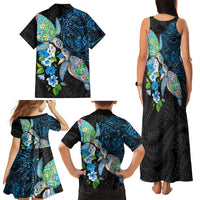 Hawaiian Couple Turtles Honi Family Matching Tank Maxi Dress and Hawaiian Shirt Polynesian Art Motifs and Hibiscus Black Blue Color LT03 - Polynesian Pride