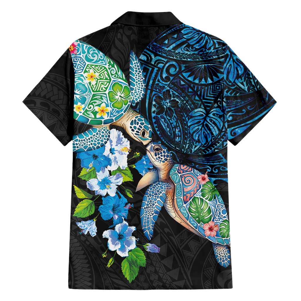 Hawaiian Couple Turtles Honi Family Matching Tank Maxi Dress and Hawaiian Shirt Polynesian Art Motifs and Hibiscus Black Blue Color LT03 - Polynesian Pride