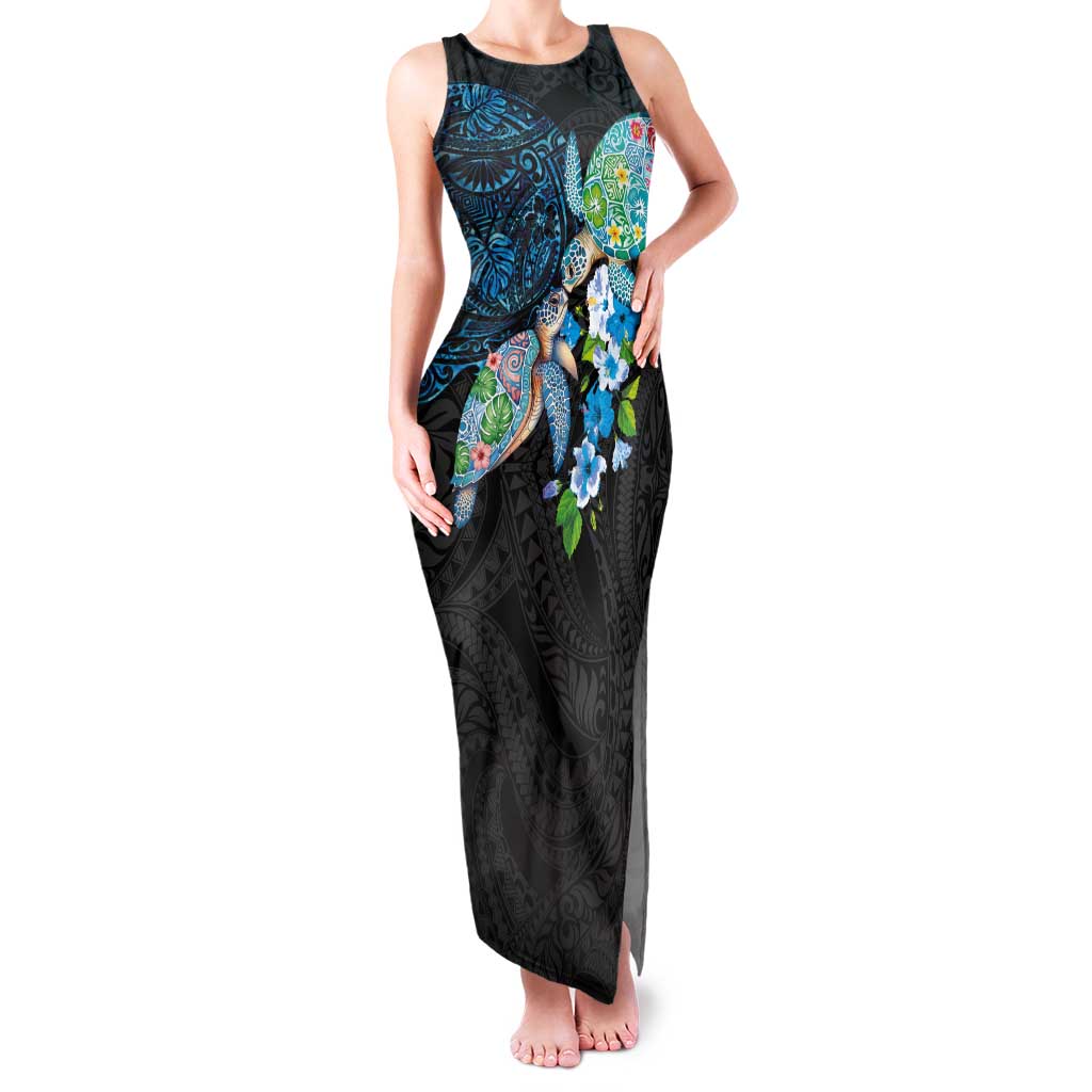 Hawaiian Couple Turtles Honi Family Matching Tank Maxi Dress and Hawaiian Shirt Polynesian Art Motifs and Hibiscus Black Blue Color LT03 Mom's Dress Black - Polynesian Pride