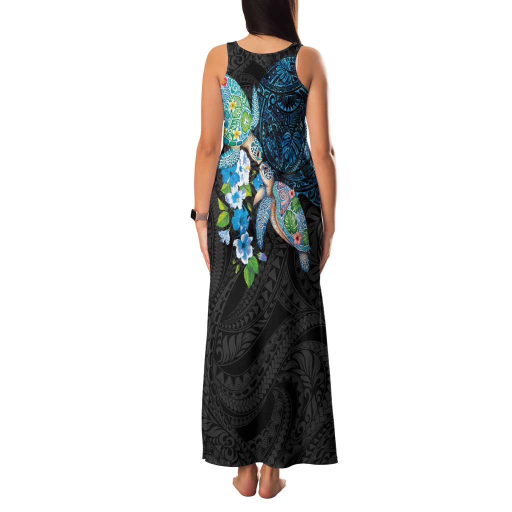 Hawaiian Couple Turtles Honi Family Matching Tank Maxi Dress and Hawaiian Shirt Polynesian Art Motifs and Hibiscus Black Blue Color LT03 - Polynesian Pride