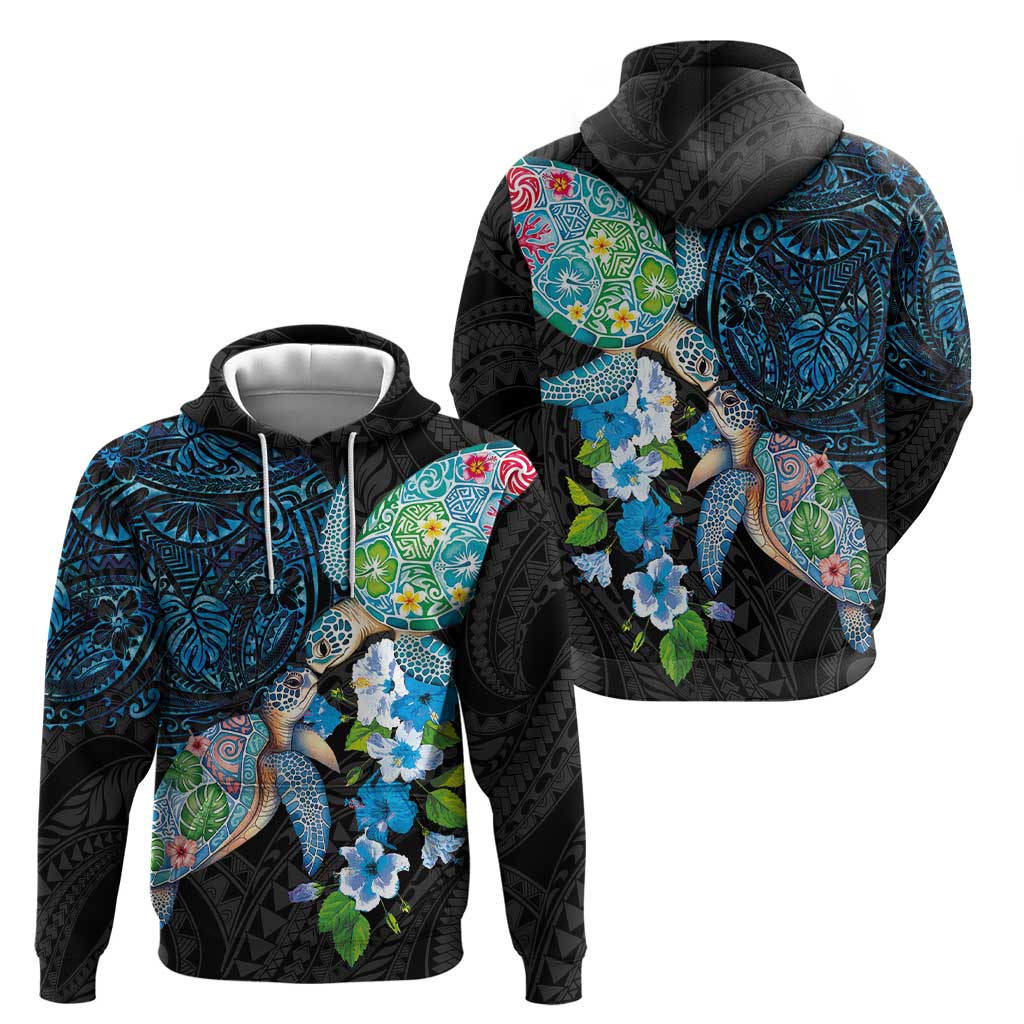 Hawaiian Couple Turtles Honi Hoodie Polynesian Art Motifs and Hibiscus Black Blue Color LT03 - Polynesian Pride