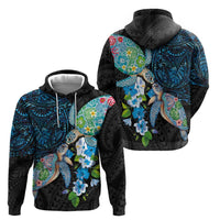 Hawaiian Couple Turtles Honi Hoodie Polynesian Art Motifs and Hibiscus Black Blue Color LT03 - Polynesian Pride