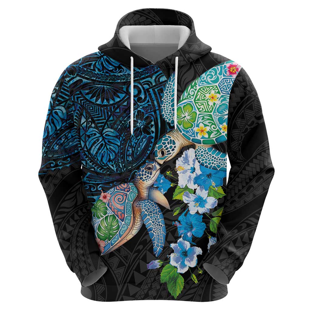 Hawaiian Couple Turtles Honi Hoodie Polynesian Art Motifs and Hibiscus Black Blue Color LT03 - Polynesian Pride