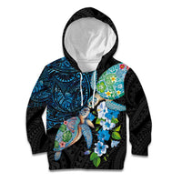Hawaiian Couple Turtles Honi Kid Hoodie Polynesian Art Motifs and Hibiscus Black Blue Color LT03 Hoodie Black - Polynesian Pride