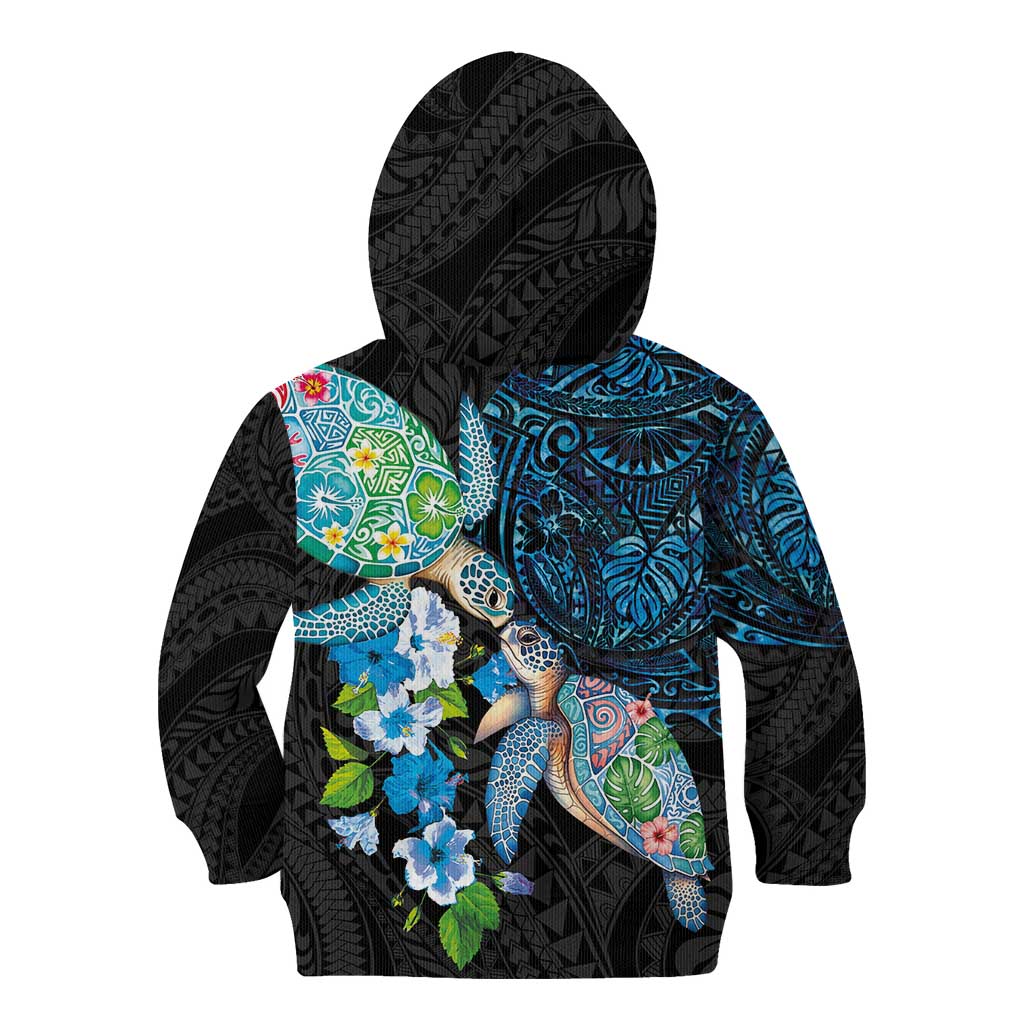 Hawaiian Couple Turtles Honi Kid Hoodie Polynesian Art Motifs and Hibiscus Black Blue Color LT03 - Polynesian Pride