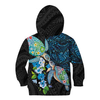Hawaiian Couple Turtles Honi Kid Hoodie Polynesian Art Motifs and Hibiscus Black Blue Color LT03 - Polynesian Pride