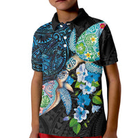 Hawaiian Couple Turtles Honi Kid Polo Shirt Polynesian Art Motifs and Hibiscus Black Blue Color LT03 Kid Black - Polynesian Pride
