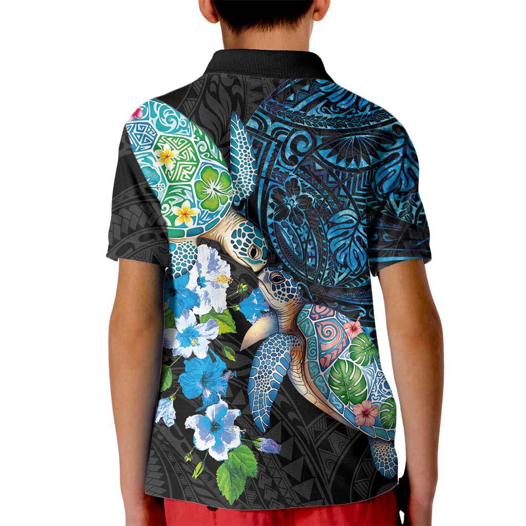 Hawaiian Couple Turtles Honi Kid Polo Shirt Polynesian Art Motifs and Hibiscus Black Blue Color LT03 - Polynesian Pride