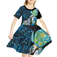 Hawaiian Couple Turtles Honi Kid Short Sleeve Dress Polynesian Art Motifs and Hibiscus Black Blue Color LT03 - Polynesian Pride