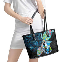 Hawaiian Couple Turtles Honi Leather Tote Bag Polynesian Art Motifs and Hibiscus Black Blue Color - Polynesian Pride