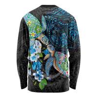 Hawaiian Couple Turtles Honi Long Sleeve Shirt Polynesian Art Motifs and Hibiscus Black Blue Color LT03 - Polynesian Pride