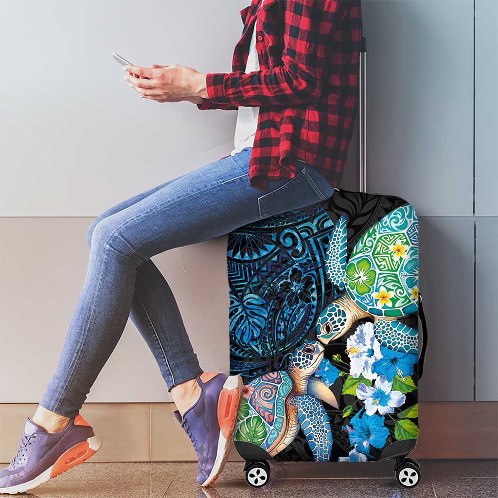 Hawaiian Couple Turtles Honi Luggage Cover Polynesian Art Motifs and Hibiscus Black Blue Color LT03 - Polynesian Pride