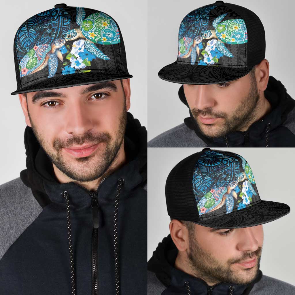 Hawaiian Couple Turtles Honi Mesh Trucker Cap Polynesian Art Motifs and Hibiscus Black Blue Color - Polynesian Pride