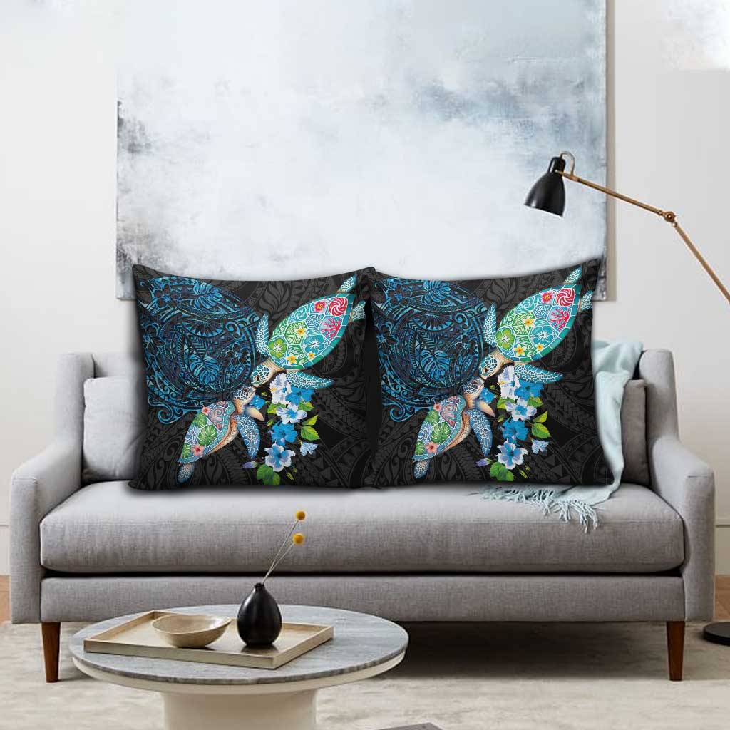 Hawaiian Couple Turtles Honi Pillow Cover Polynesian Art Motifs and Hibiscus Black Blue Color - Polynesian Pride