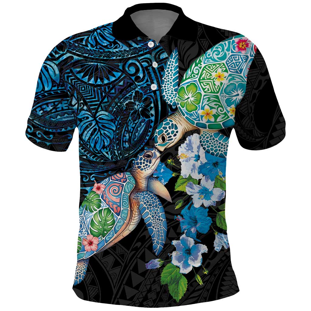 Hawaiian Couple Turtles Honi Polo Shirt Polynesian Art Motifs and Hibiscus Black Blue Color LT03 Black - Polynesian Pride