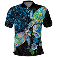 Hawaiian Couple Turtles Honi Polo Shirt Polynesian Art Motifs and Hibiscus Black Blue Color LT03 Black - Polynesian Pride