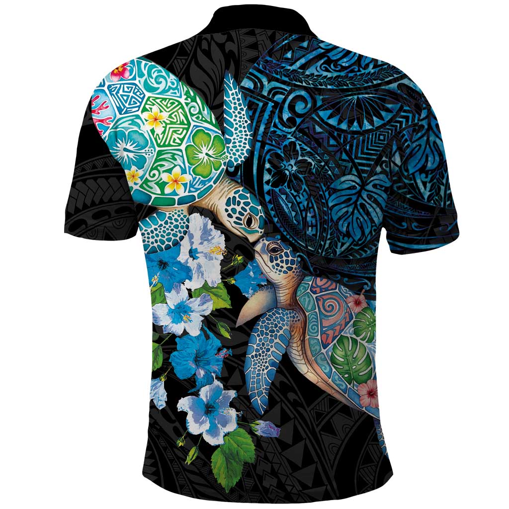 Hawaiian Couple Turtles Honi Polo Shirt Polynesian Art Motifs and Hibiscus Black Blue Color LT03 - Polynesian Pride