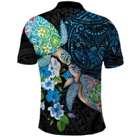 Hawaiian Couple Turtles Honi Polo Shirt Polynesian Art Motifs and Hibiscus Black Blue Color LT03 - Polynesian Pride