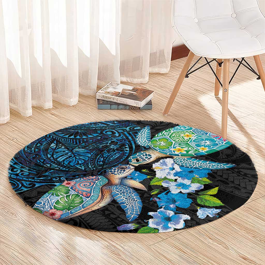 Hawaiian Couple Turtles Honi Round Carpet Polynesian Art Motifs and Hibiscus Black Blue Color - Polynesian Pride