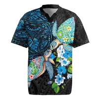 Hawaiian Couple Turtles Honi Rugby Jersey Polynesian Art Motifs and Hibiscus Black Blue Color LT03 Black - Polynesian Pride