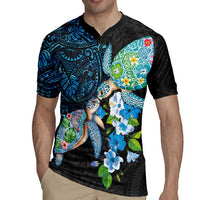 Hawaiian Couple Turtles Honi Rugby Jersey Polynesian Art Motifs and Hibiscus Black Blue Color LT03 - Polynesian Pride