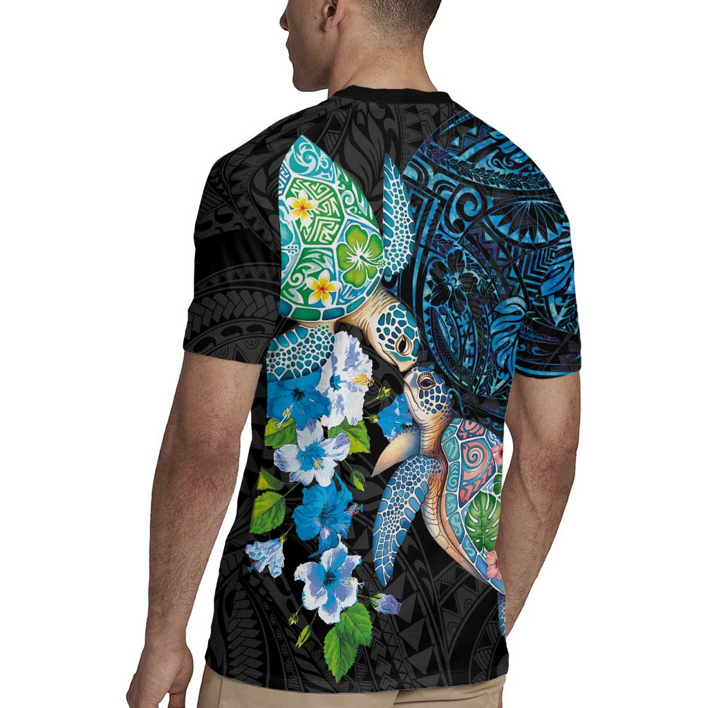 Hawaiian Couple Turtles Honi Rugby Jersey Polynesian Art Motifs and Hibiscus Black Blue Color LT03 - Polynesian Pride