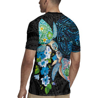 Hawaiian Couple Turtles Honi Rugby Jersey Polynesian Art Motifs and Hibiscus Black Blue Color LT03 - Polynesian Pride