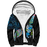 Hawaiian Couple Turtles Honi Sherpa Hoodie Polynesian Art Motifs and Hibiscus Black Blue Color LT03 Unisex Black - Polynesian Pride