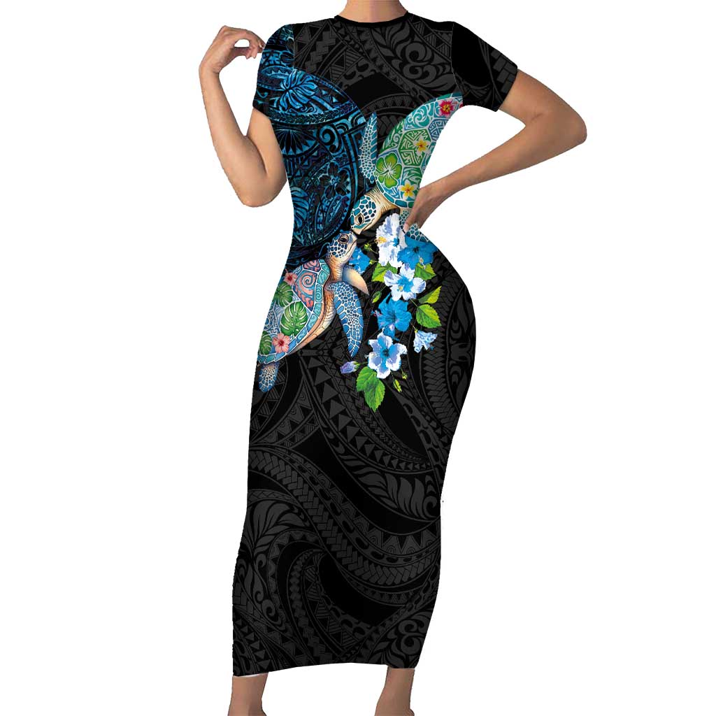 Hawaiian Couple Turtles Honi Short Sleeve Bodycon Dress Polynesian Art Motifs and Hibiscus Black Blue Color LT03 Long Dress Black - Polynesian Pride