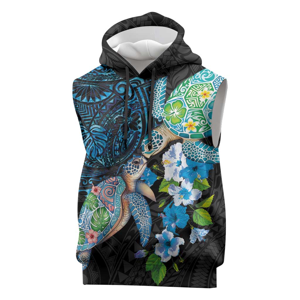 Hawaiian Couple Turtles Honi Sleeveless Hoodie Polynesian Art Motifs and Hibiscus Black Blue Color LT03 Black - Polynesian Pride