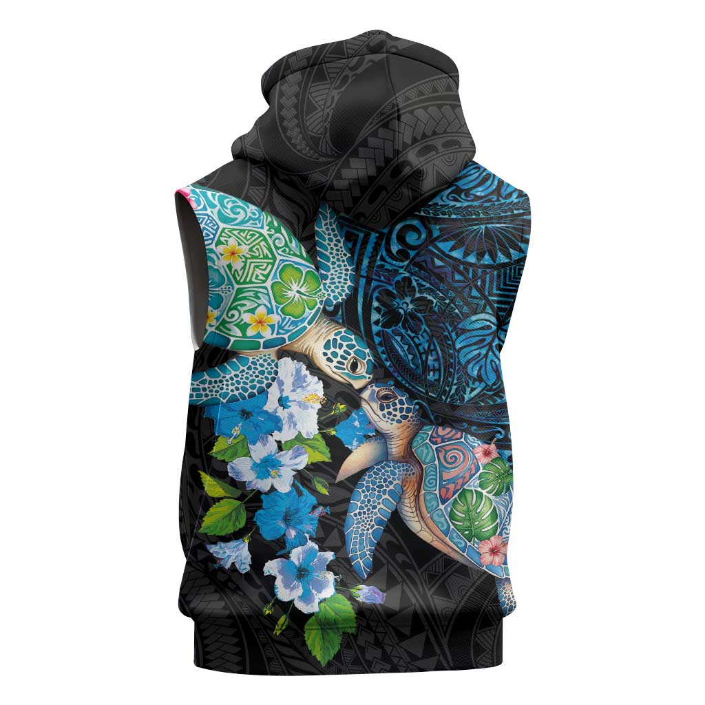 Hawaiian Couple Turtles Honi Sleeveless Hoodie Polynesian Art Motifs and Hibiscus Black Blue Color LT03 - Polynesian Pride