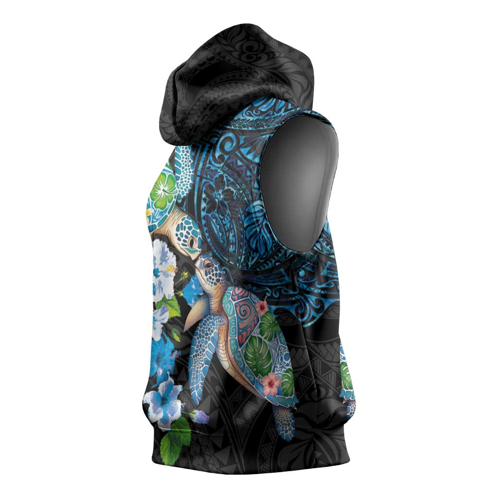 Hawaiian Couple Turtles Honi Sleeveless Hoodie Polynesian Art Motifs and Hibiscus Black Blue Color LT03 - Polynesian Pride