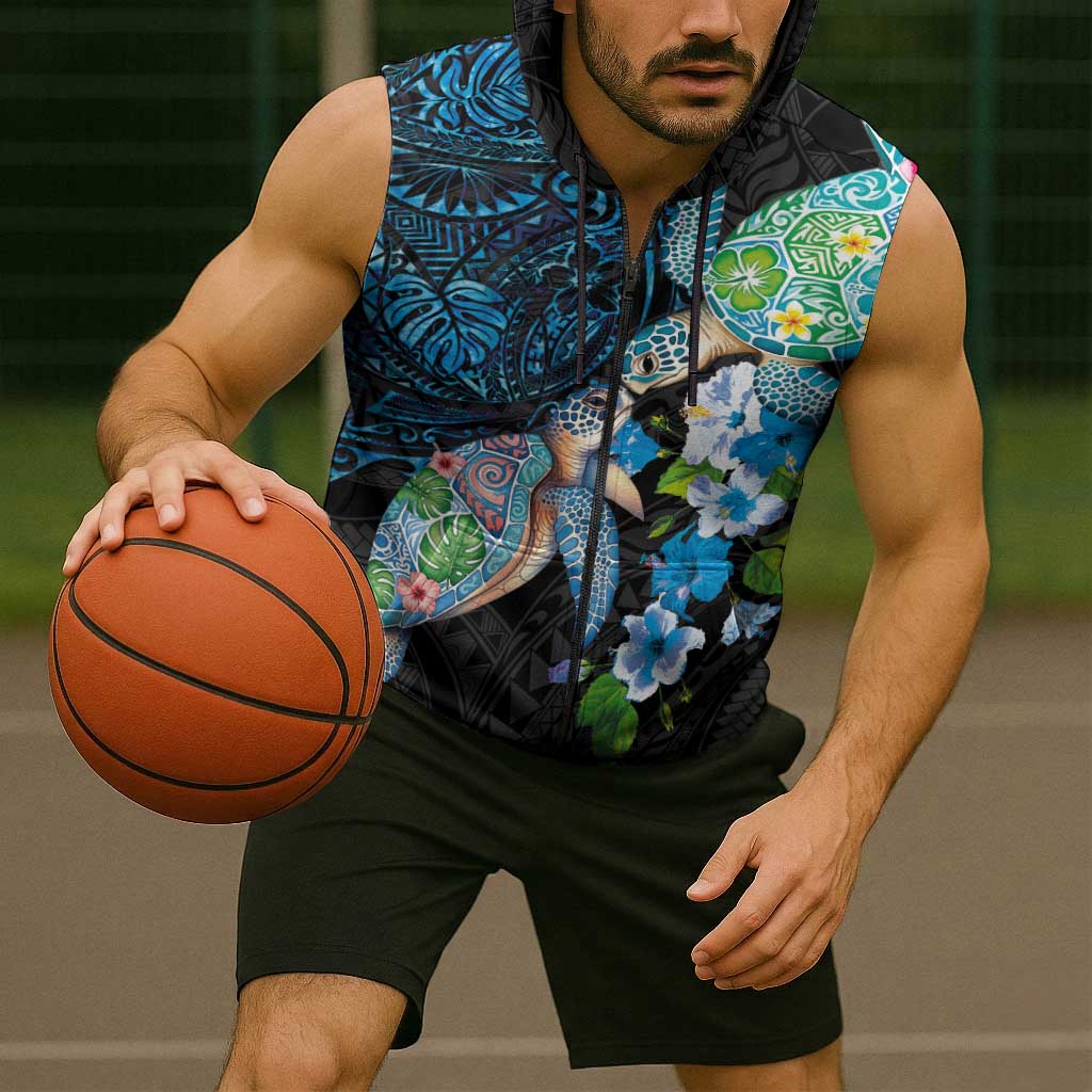Hawaiian Couple Turtles Honi Sleeveless Zip Hoodie Polynesian Art Motifs and Hibiscus Black Blue Color LT03 - Polynesian Pride