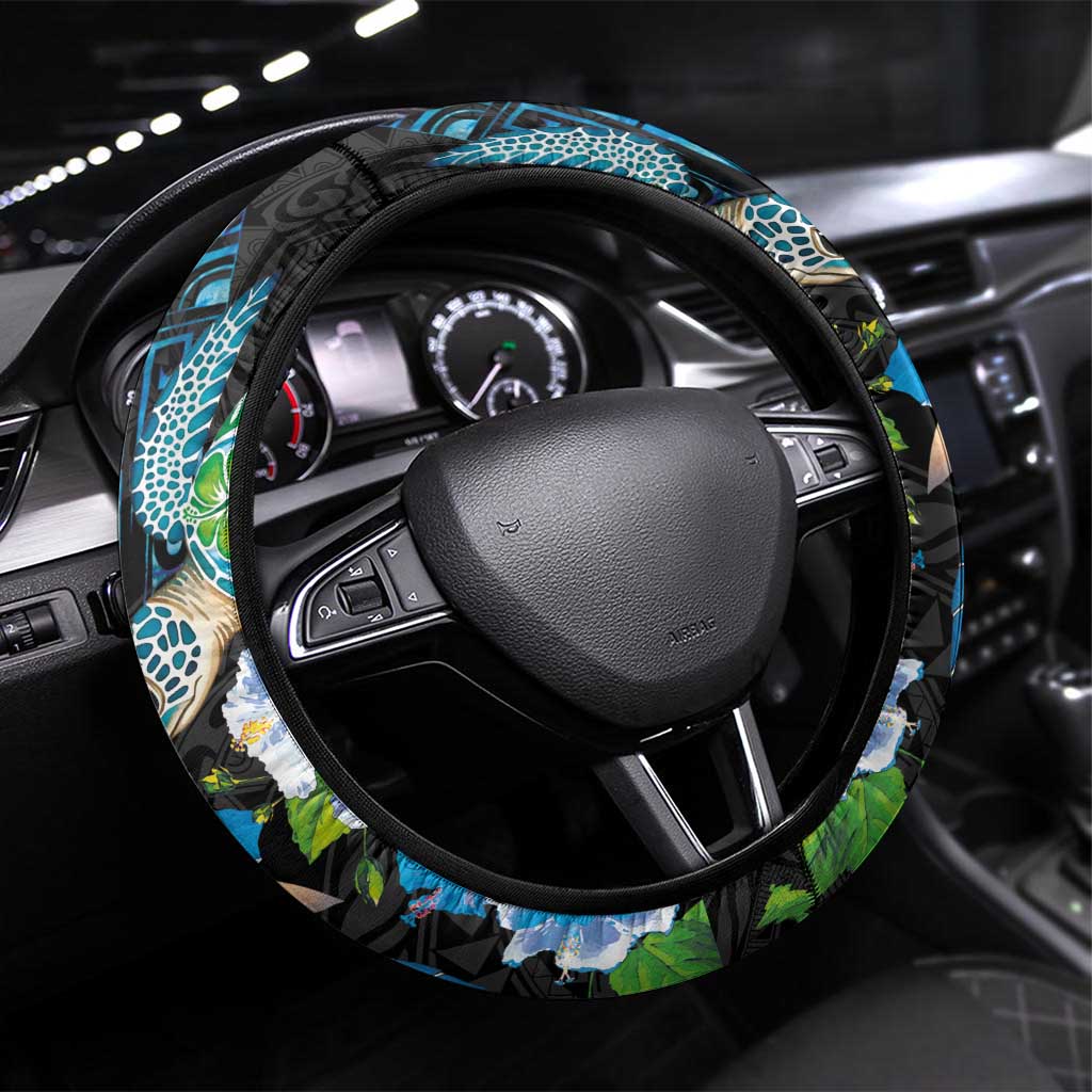 Hawaiian Couple Turtles Honi Steering Wheel Cover Polynesian Art Motifs and Hibiscus Black Blue Color LT03 Universal Fit Black - Polynesian Pride