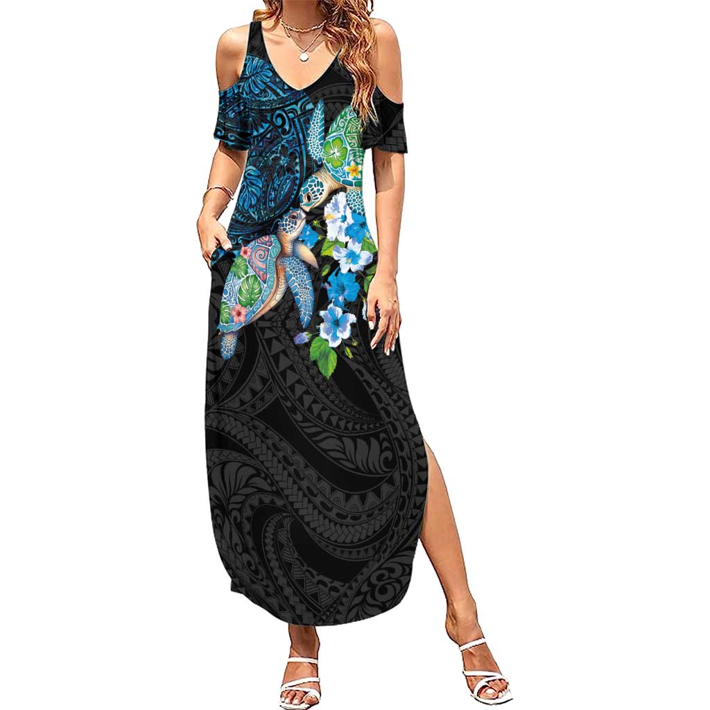 Hawaiian Couple Turtles Honi Summer Maxi Dress Polynesian Art Motifs and Hibiscus Black Blue Color LT03 Women Black - Polynesian Pride