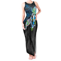 Hawaiian Couple Turtles Honi Tank Maxi Dress Polynesian Art Motifs and Hibiscus Black Blue Color LT03 Women Black - Polynesian Pride