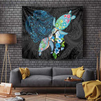 Hawaiian Couple Turtles Honi Tapestry Polynesian Art Motifs and Hibiscus Black Blue Color LT03 Black - Polynesian Pride