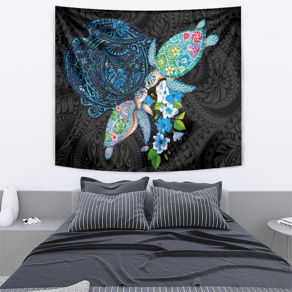Hawaiian Couple Turtles Honi Tapestry Polynesian Art Motifs and Hibiscus Black Blue Color LT03 - Polynesian Pride