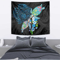 Hawaiian Couple Turtles Honi Tapestry Polynesian Art Motifs and Hibiscus Black Blue Color LT03 - Polynesian Pride