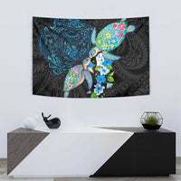 Hawaiian Couple Turtles Honi Tapestry Polynesian Art Motifs and Hibiscus Black Blue Color LT03 - Polynesian Pride