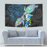 Hawaiian Couple Turtles Honi Tapestry Polynesian Art Motifs and Hibiscus Black Blue Color LT03 - Polynesian Pride