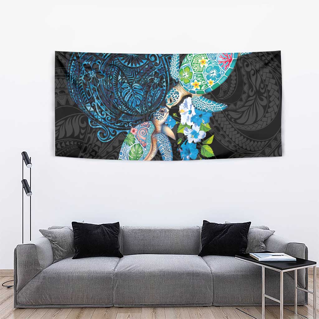 Hawaiian Couple Turtles Honi Tapestry Polynesian Art Motifs and Hibiscus Black Blue Color LT03 - Polynesian Pride