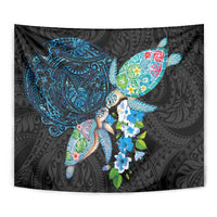 Hawaiian Couple Turtles Honi Tapestry Polynesian Art Motifs and Hibiscus Black Blue Color LT03 - Polynesian Pride
