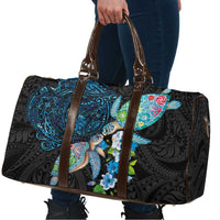 Hawaiian Couple Turtles Honi Travel Bag Polynesian Art Motifs and Hibiscus Black Blue Color LT03 - Polynesian Pride