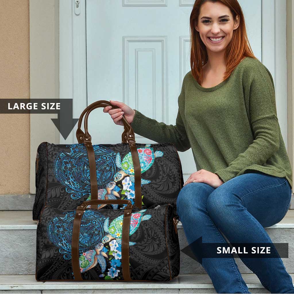 Hawaiian Couple Turtles Honi Travel Bag Polynesian Art Motifs and Hibiscus Black Blue Color LT03 - Polynesian Pride