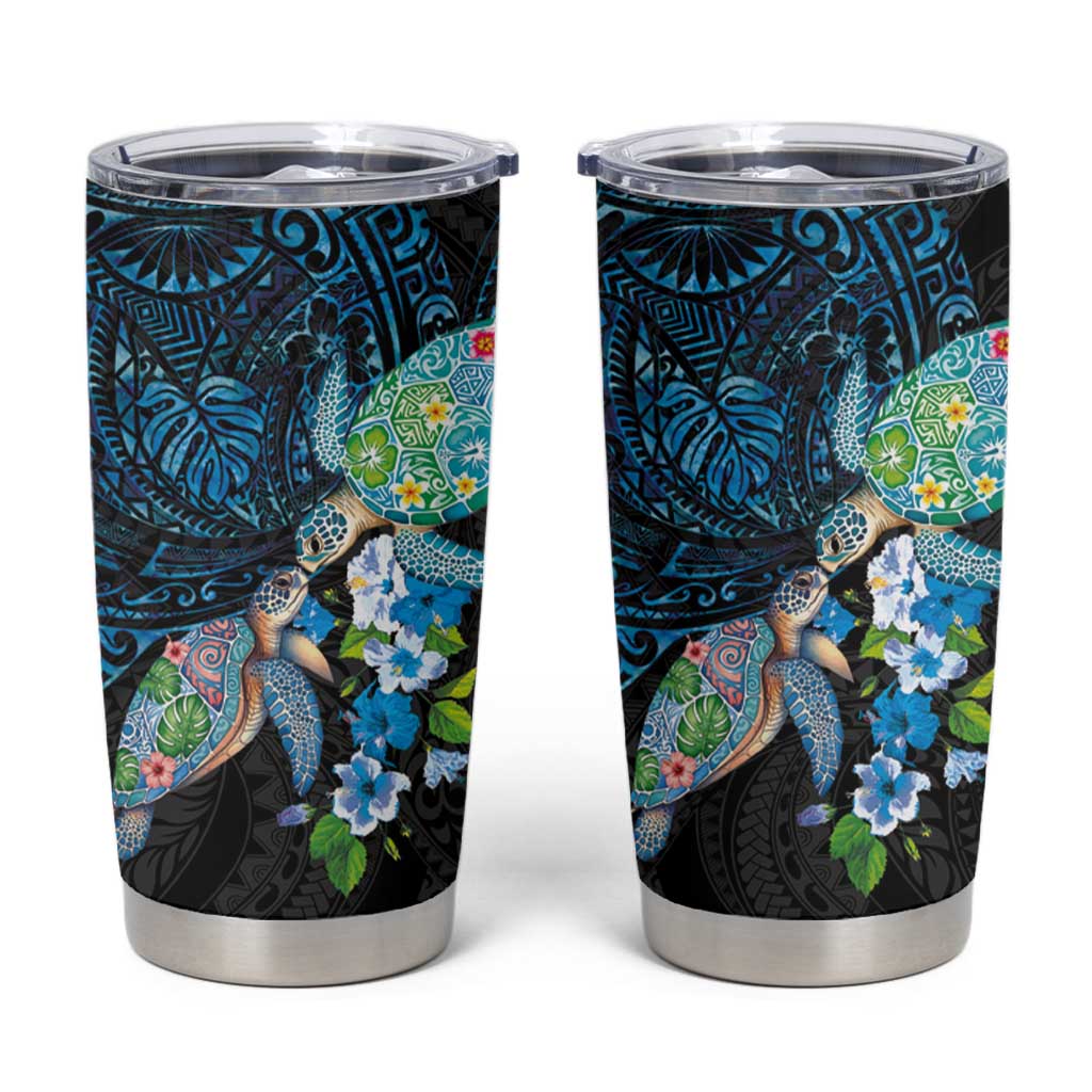 Hawaiian Couple Turtles Honi Tumbler Cup Polynesian Art Motifs and Hibiscus Black Blue Color LT03 Black - Polynesian Pride