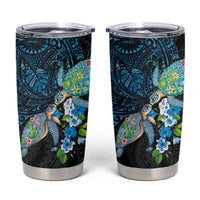 Hawaiian Couple Turtles Honi Tumbler Cup Polynesian Art Motifs and Hibiscus Black Blue Color LT03 Black - Polynesian Pride